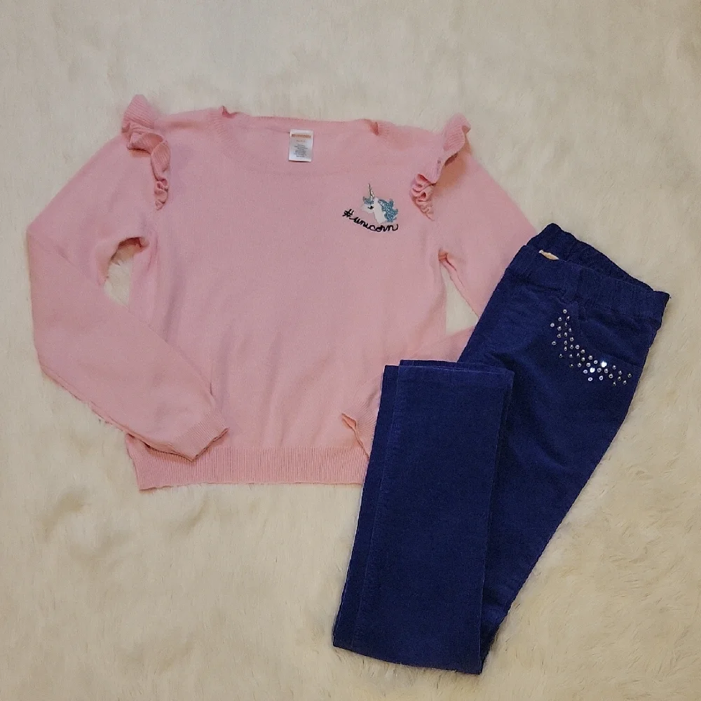 Gymboree Pink Unicorn Ruffle Sweater and Blue Sequin Corduroy Pants Size 7-8